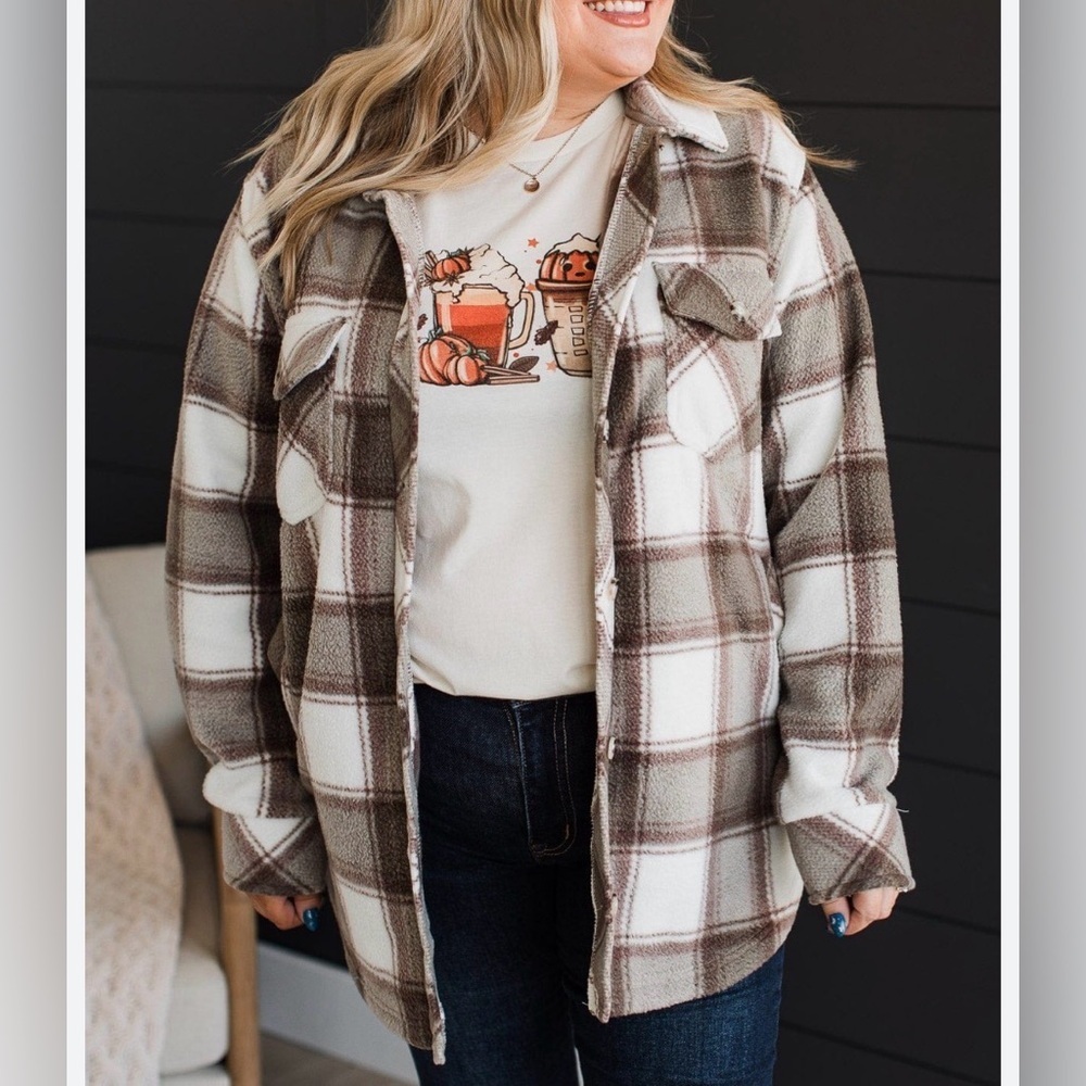 Thread & Supply Fleece Shacket Jacket Tan Plaid Button Up Pockets Size 2X Cozy
